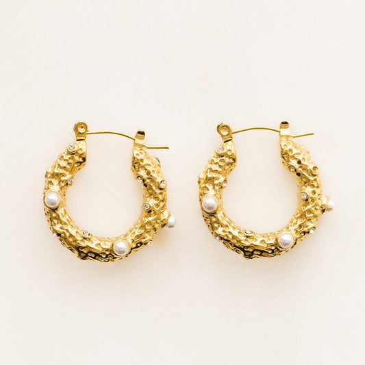 Aurelia Stainless Steel Pearl embedded, textured Statement Ear hoops