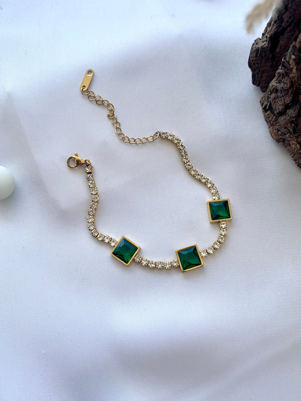 Stainless Steel Green &amp; White Stone Embedded Bracelet