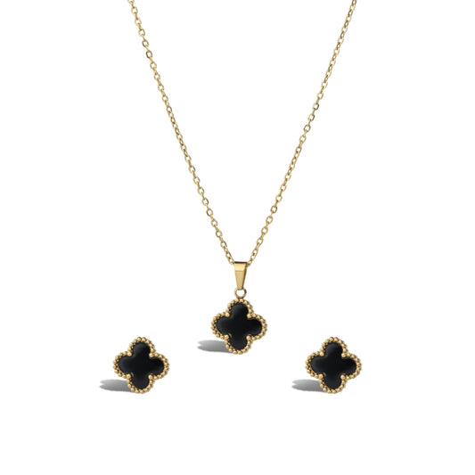 BLACK FOUR LEAF CLOVER NECKLACE AND STUDS IN STAINLESS STEEL