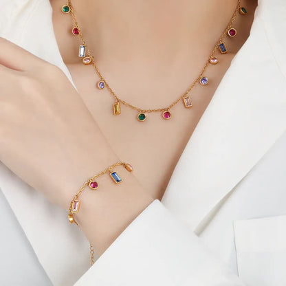 Vibrant Multi-Color Rainbow Charm Necklace & Bracelet Set | Tarnish-Free Gold-Tone Stainless Steel