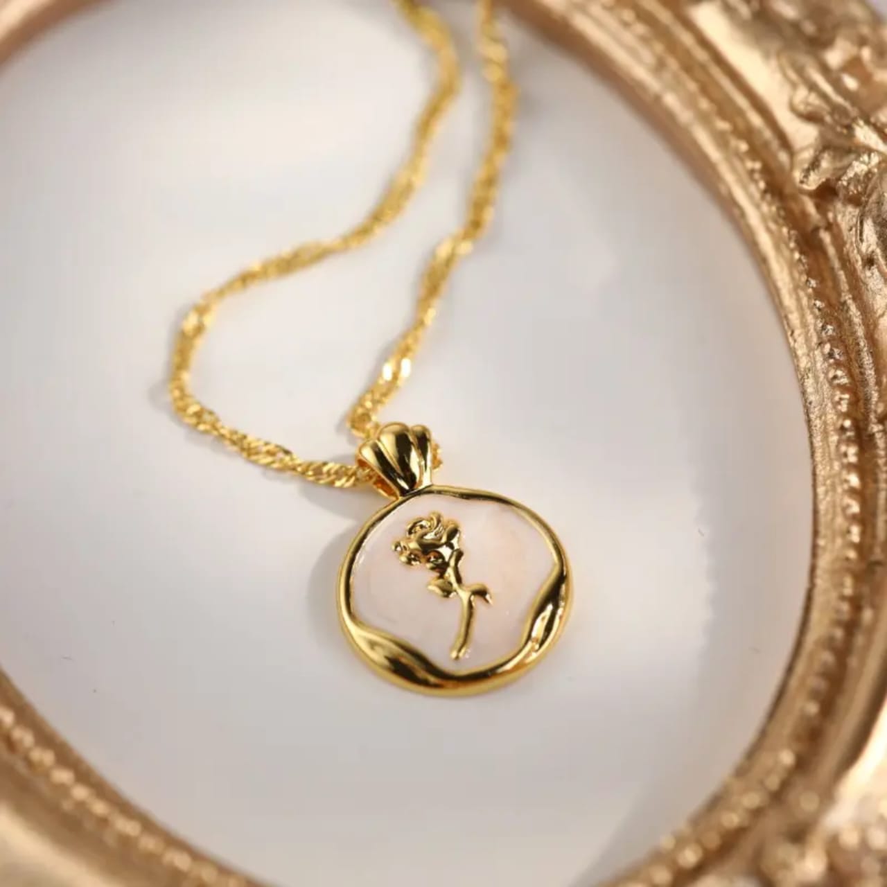 Gold Rose Medallion Necklace – Stainless Steel, Waterproof & Tarnish Free