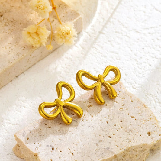 Trendy Golden Ribbon Bow Stud Earrings | Tarnish-Free Stainless Steel Cute Daily Wear Studs