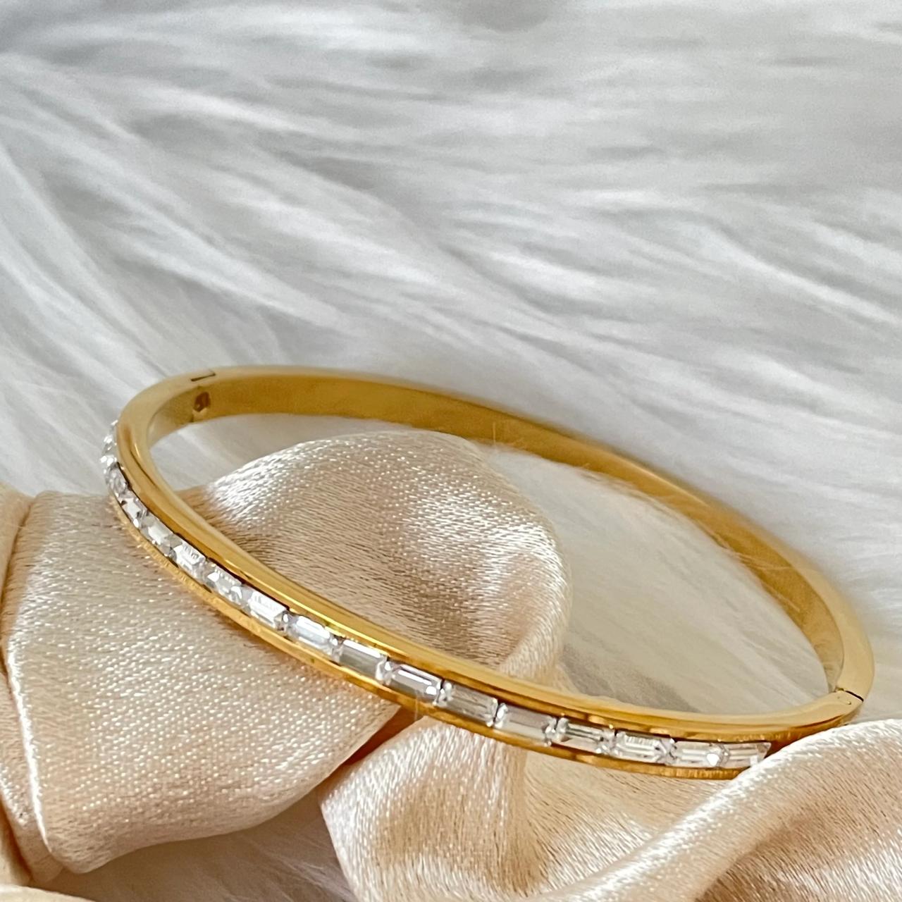 Stainless Steel Slim Gold-Tone Bangle Bracelet with Baguette Zirconia