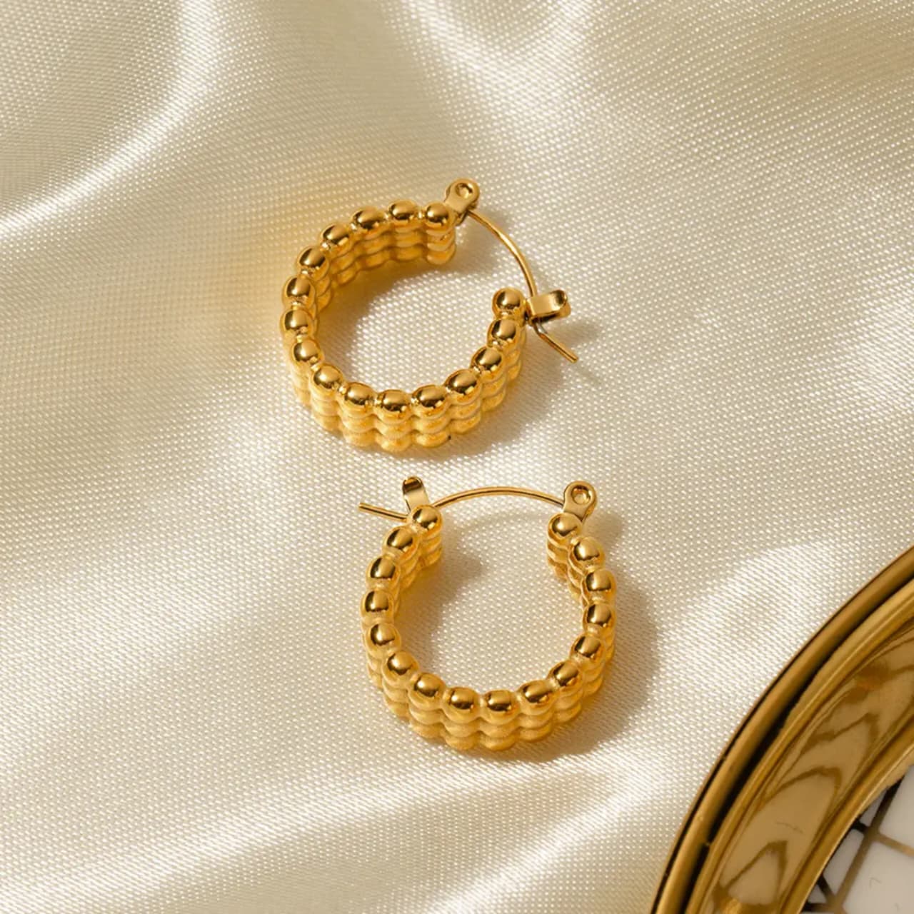 Trendy Triple-Row Gold Bead Huggie Hoops | Tarnish-Free Stainless Steel Earrings