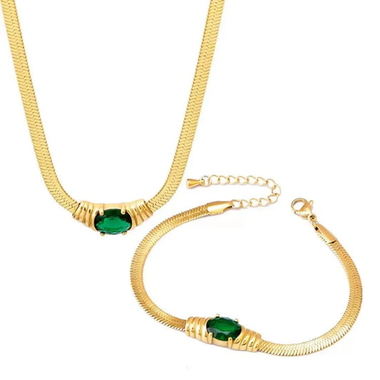 Emerald Green Stone Herringbone Set | Tarnish-Free Gold Snake Chain Necklace & Bracelet