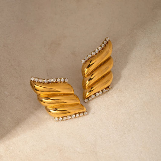 Bold Ribbed Wave Statement Stud Earrings | Tarnish-Free Gold-Tone Stainless Steel Earrings