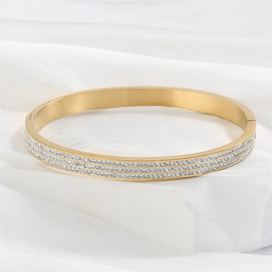 Gold & Crystal Pavé Bangle covered with densely Cz stones | Tarnish-Free Gold-Tone Stainless Steel