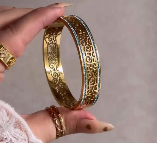 Gold Greek Key cutwork and stone Engraved handcuff | Tarnish-Free Gold-Tone Stainless Steel