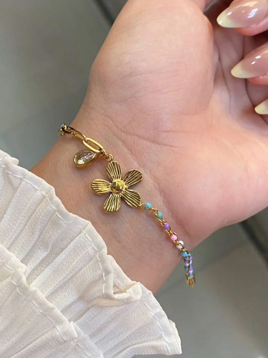 Floral Charm & Multicolored Bead Bracelet | Tarnish-Free Gold-Tone Stainless Steel