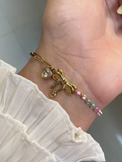 Floral Charm & Multicolored Bead Bracelet | Tarnish-Free Gold-Tone Stainless Steel