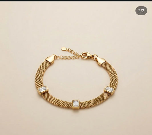 Elegant Mesh Link Bracelet with Baguette Crystals | Tarnish-Free Gold-Tone Stainless Steel