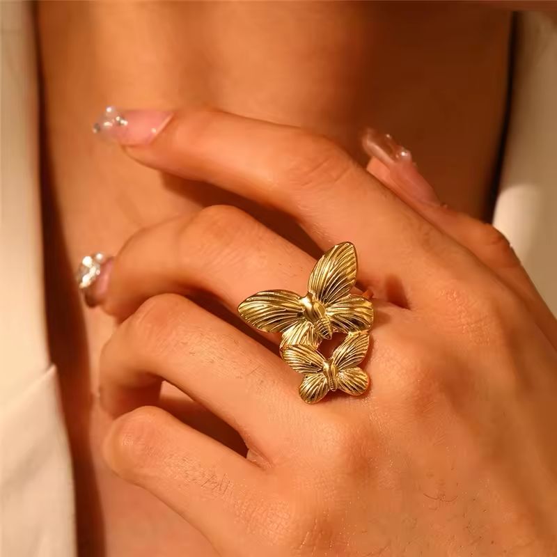 Stainless Steel Gold Double Butterfly Statement Ring