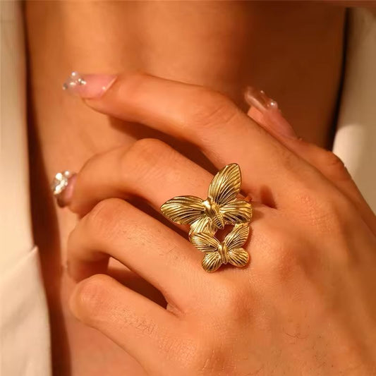 Stainless Steel Gold Double Butterfly Statement Ring
