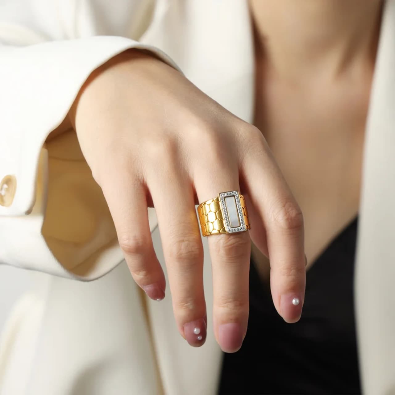 Honeycomb Textured Wide Band Ring | Tarnish-Free Gold-Tone Stainless Steel