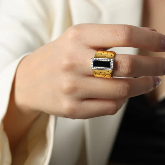 Bold Honeycomb Wide Band Ring | Tarnish-Free Gold-Tone Stainless Steel