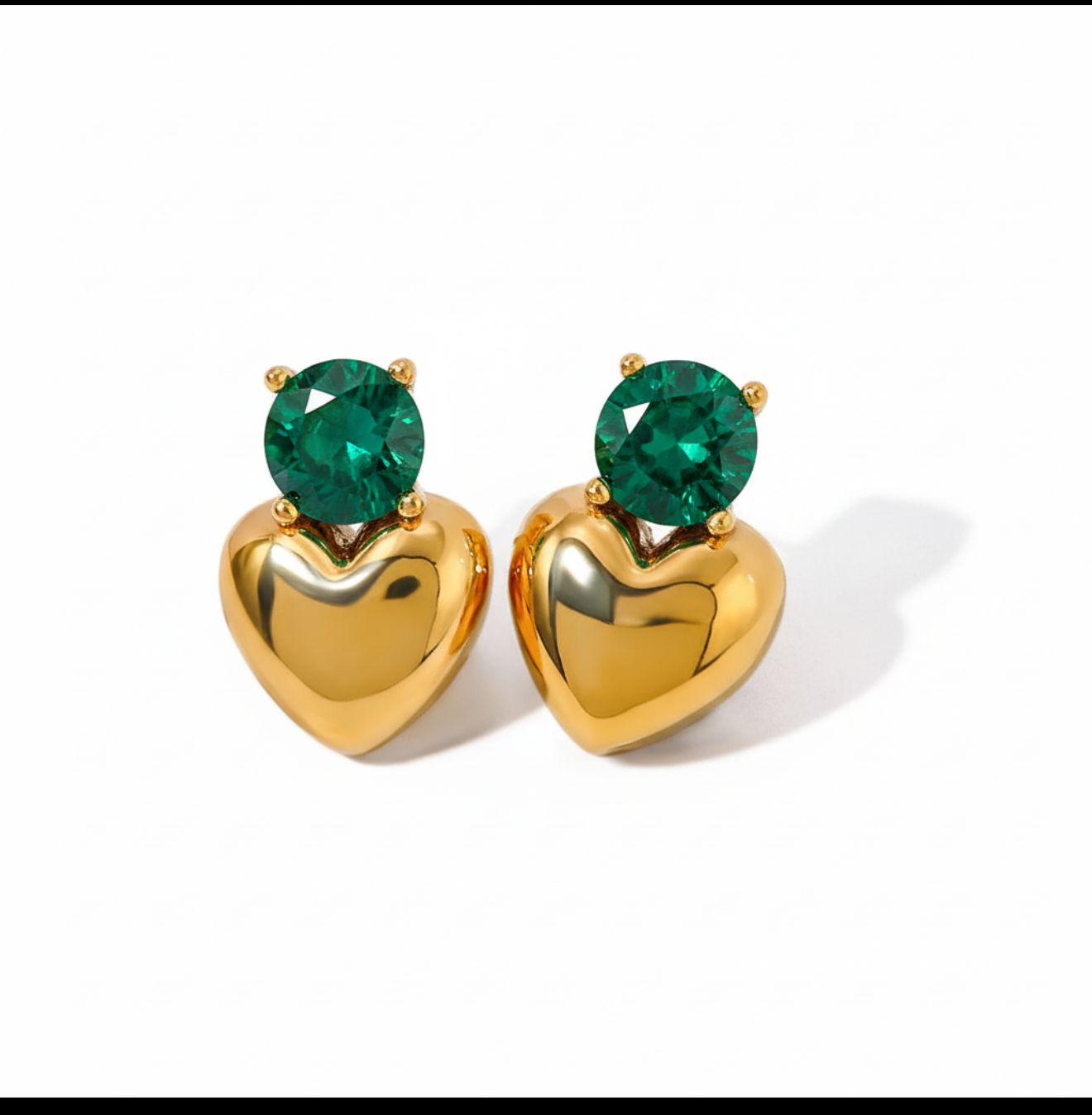 Chunky Heart Stainless Steel Stud Earrings with Green Emerald Stones