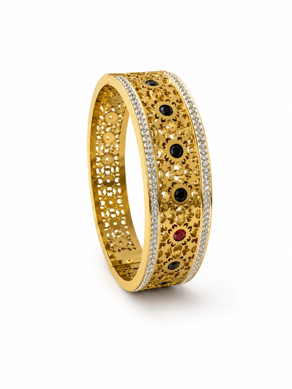Stainless Steel Ornate Gold-Tone Filigree Bangle with Gemstone Accents