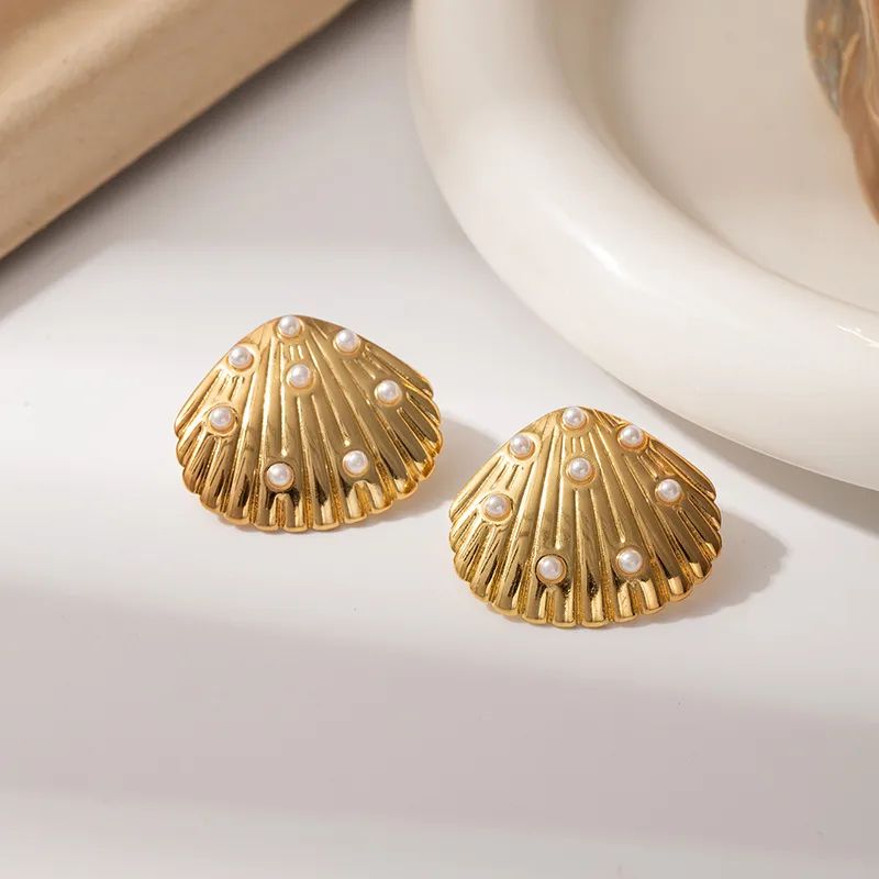 Stainless Steel Gold Shell Stud Earrings with Pearl Accents