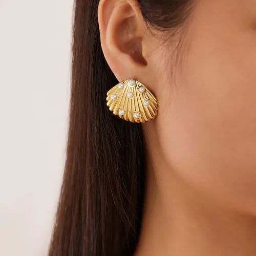 Stainless Steel Gold Shell Stud Earrings with Pearl Accents