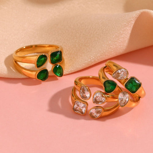 Stainless Steel Gold-Tone Cluster Ring with Mixed Gemstones
