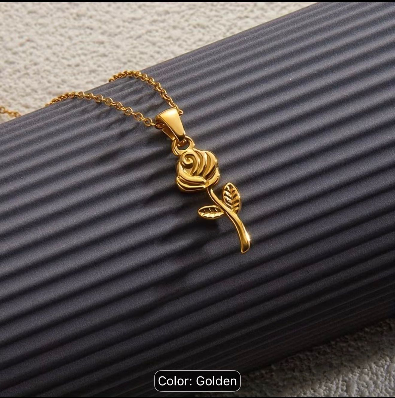 Stainless Steel Dainty Gold-Tone 3D Rose Pendant Necklace