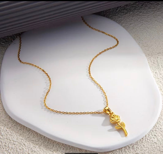 Stainless Steel Dainty Gold-Tone 3D Rose Pendant Necklace