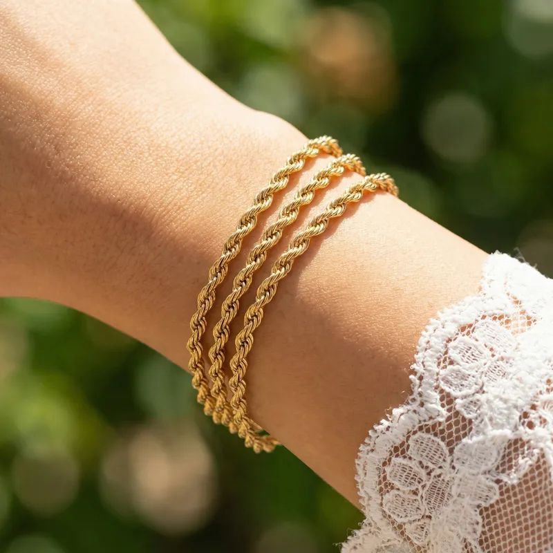 Stainless Steel Elegant Triple-Layer Gold-Tone Twisted Rope Chain Bracelet