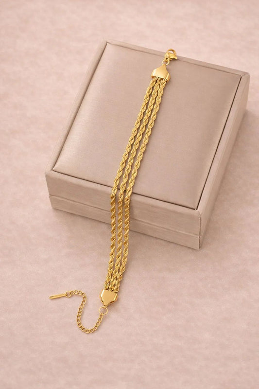 Stainless Steel Elegant Triple-Layer Gold-Tone Twisted Rope Chain Bracelet