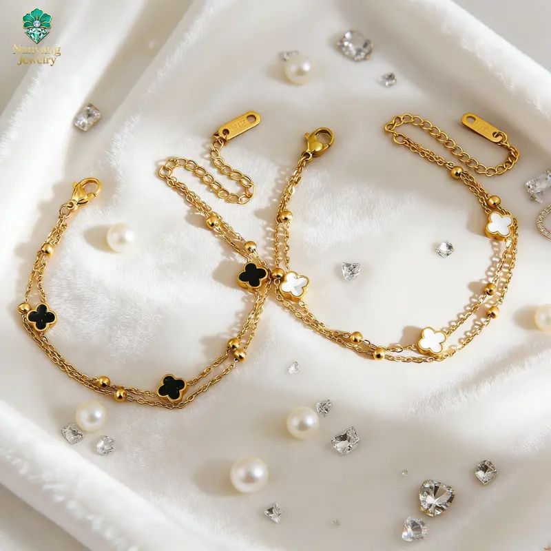 Stainless Steel Gold-Tone Double Chain Clover Charm Bracelet