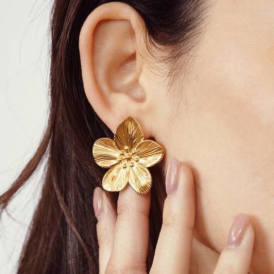 Stainless Steel Large Botanical Gold-Tone Five-Petal Stud Earrings