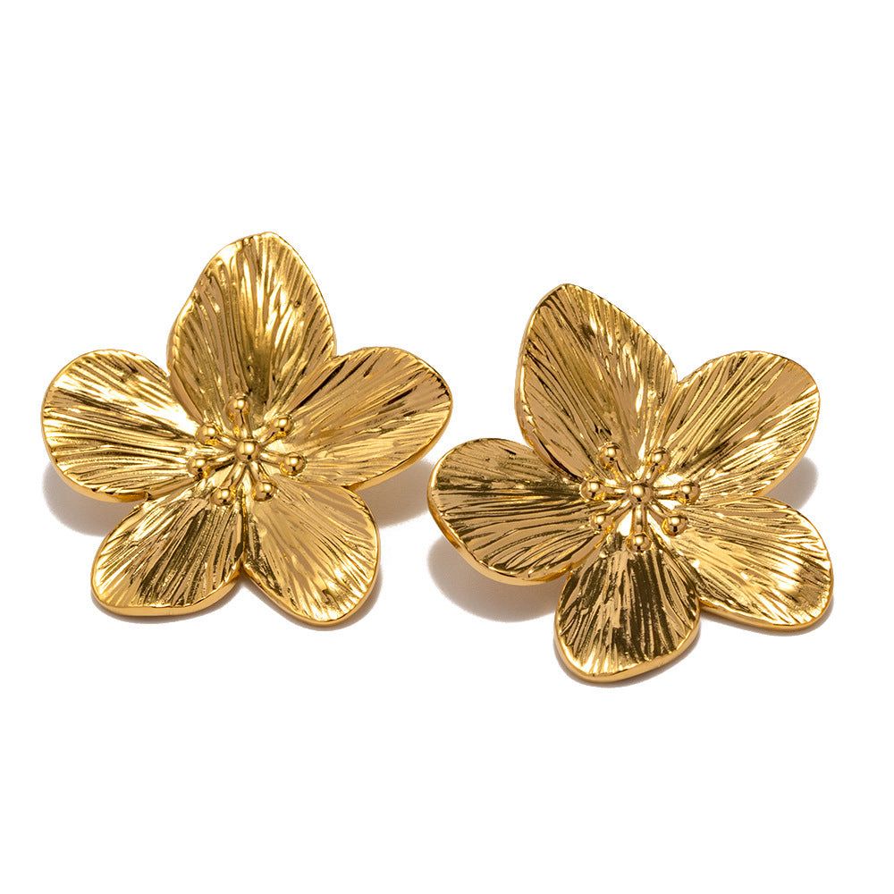 Stainless Steel Large Botanical Gold-Tone Five-Petal Stud Earrings