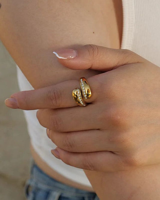 Stainless Steel Bold Gold-Tone Wrap Ring with Crystal Accents
