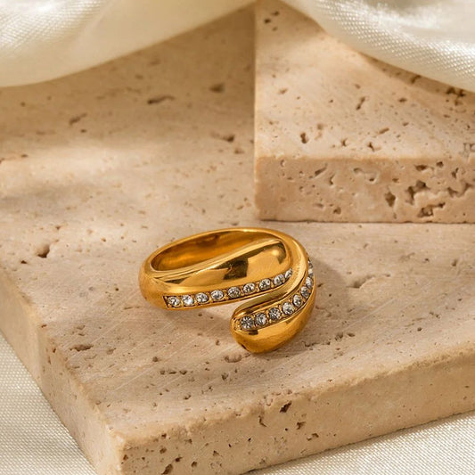 Stainless Steel Bold Gold-Tone Wrap Ring with Crystal Accents