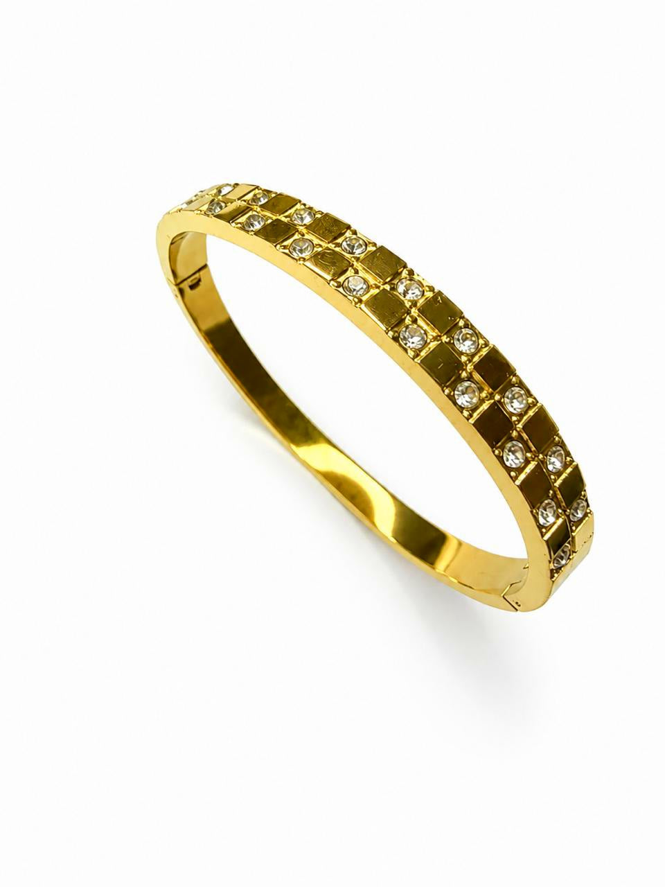 18K Gold Plated Stainless Steel Handcuff Bracelet with Textured Checkerboard Pattern &amp; Studded Stones