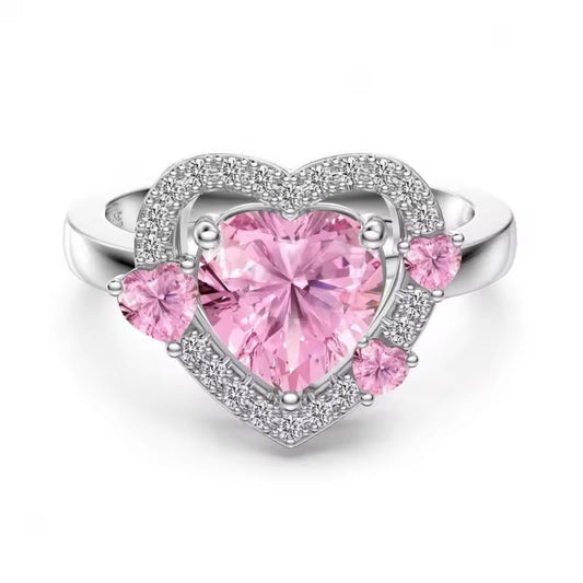 Silver Adjustable Pink Heart Ring with Zircoon embellishment