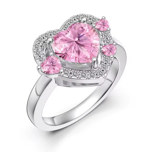 Silver Adjustable Pink Heart Ring with Zircoon embellishment