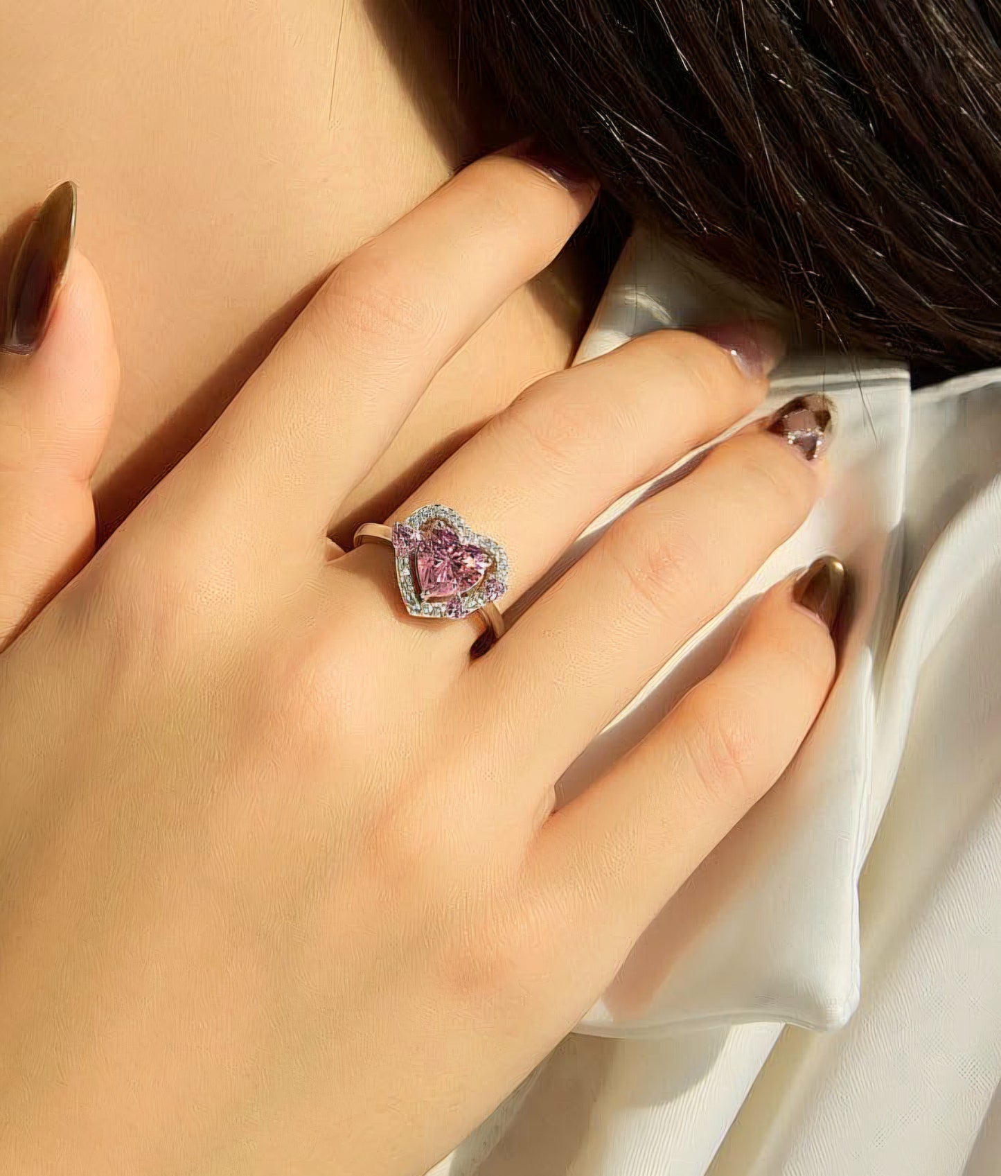 Silver Adjustable Pink Heart Ring with Zircoon embellishment