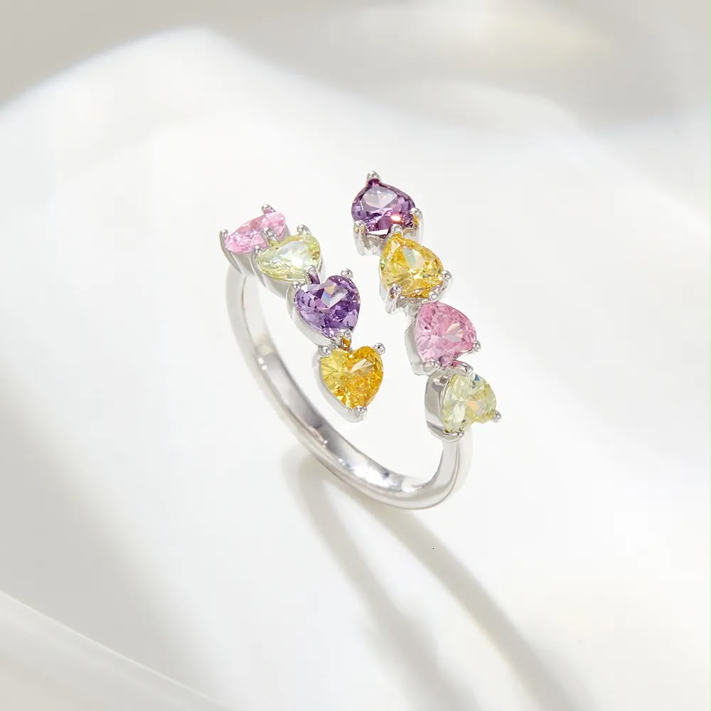 Stainless Steel Multi subtle heart stones Silver adjustable ring (Copy)
