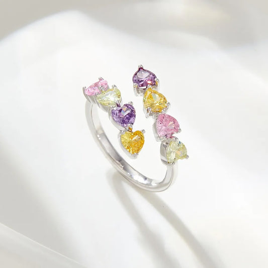 Stainless Steel Multi subtle heart stones Silver adjustable ring (Copy)