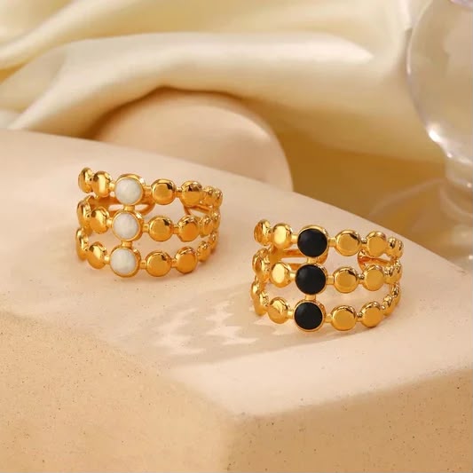 Sequence Golden Beaded Adjustable Ring in Black Enamel