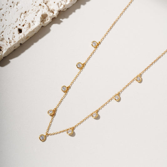 GOLDEN DEW DROP ZIRCOON CHARM STATION CHAIN NECKLACE 18K GOLD PLATED