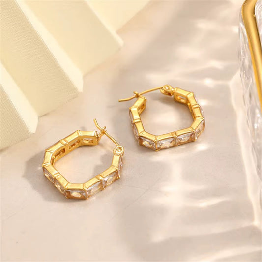 BAGUETTE CRYSTAL HEXAGON HOOP EARRINGS