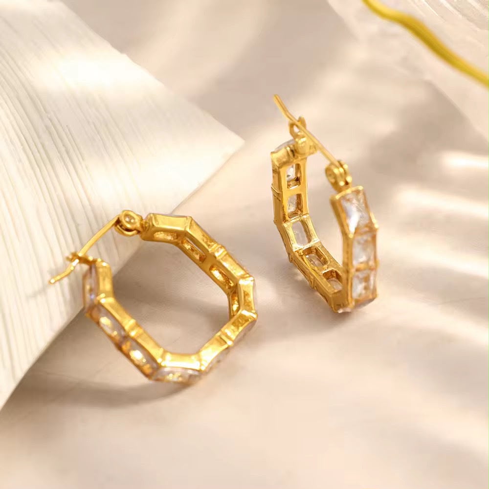 BAGUETTE CRYSTAL HEXAGON HOOP EARRINGS