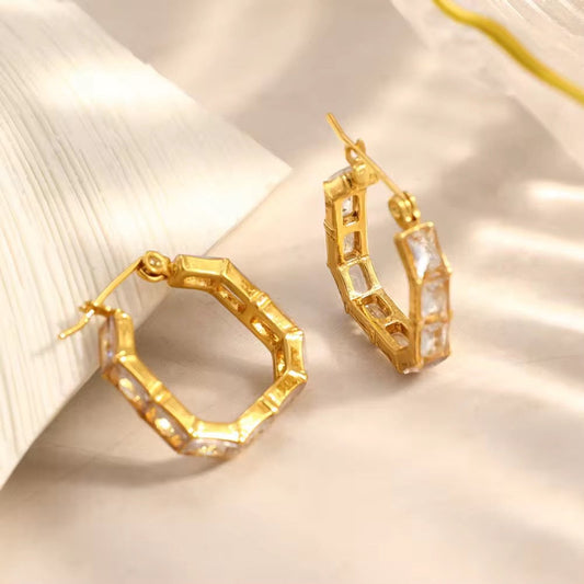 BAGUETTE CRYSTAL HEXAGON HOOP EARRINGS