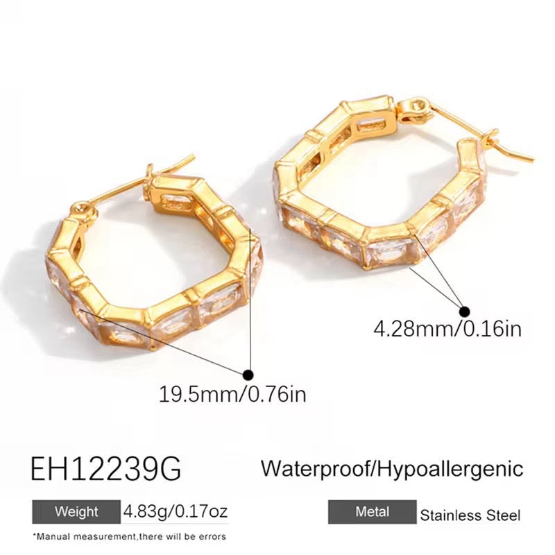 BAGUETTE CRYSTAL HEXAGON HOOP EARRINGS