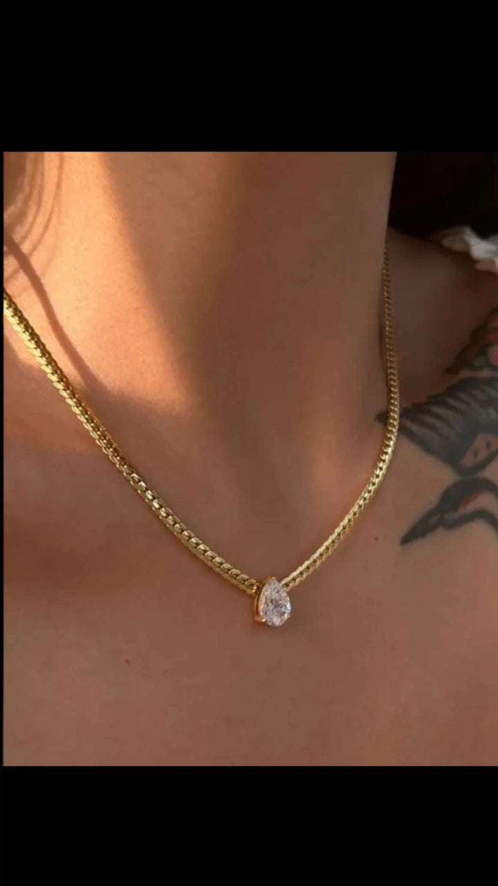 Stainless Steel Gold-Tone Herringbone Chain with Pear Crystal Pendant Necklace