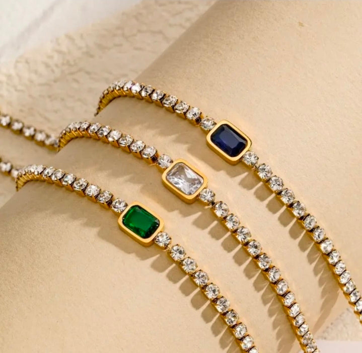 Luxury Emerald-Cut Stone Tennis Bracelet | Tarnish-Free Gold-Tone Stainless Steel