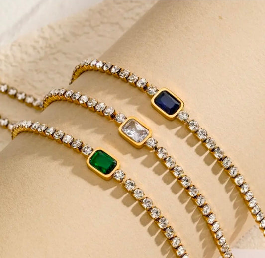 Luxury Emerald-Cut Stone Tennis Bracelet | Tarnish-Free Gold-Tone Stainless Steel