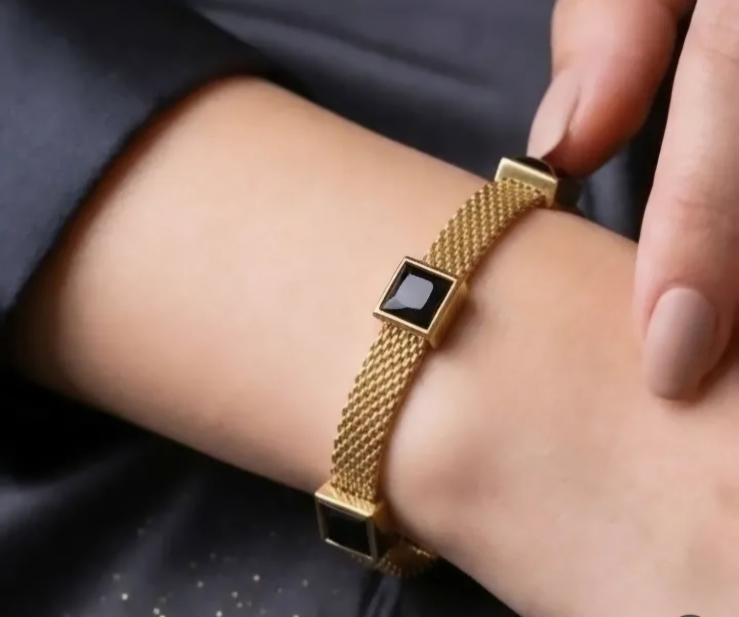 Stainless Steel Black Turkish Style Three Stone Mesh Chain Bracelet