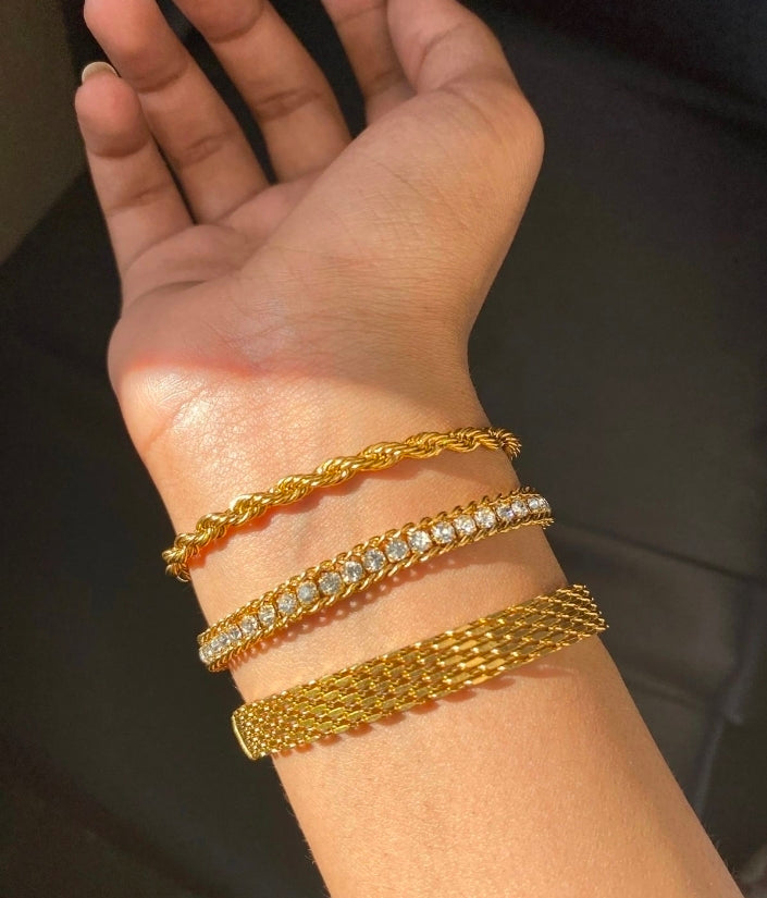 GOLDEN MESH & ROPE CHAIN WITH ZIRCOON LINK STACKABLE BRACELET (3 PIECES) STAINLESS STEEL